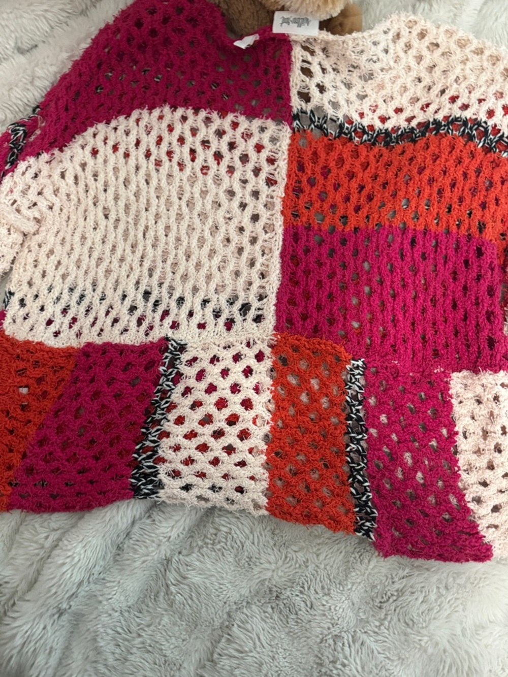 Open-Knit Colorblock Scoop Sweater - Pink, Red & Cream - Picture 6 of 6